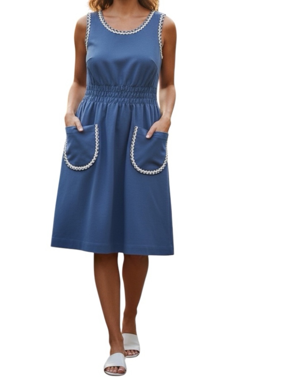 Vintage Komar Blue Sleeveless Midi Dress with White Trim Pockets